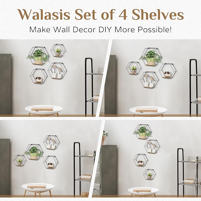 Hexagon Shelves Black for Wall - Metal Wood Floating Honeycomb Shelf - Hanging Planter Shelves for Living Room Bedroom Bathroom Set of 4