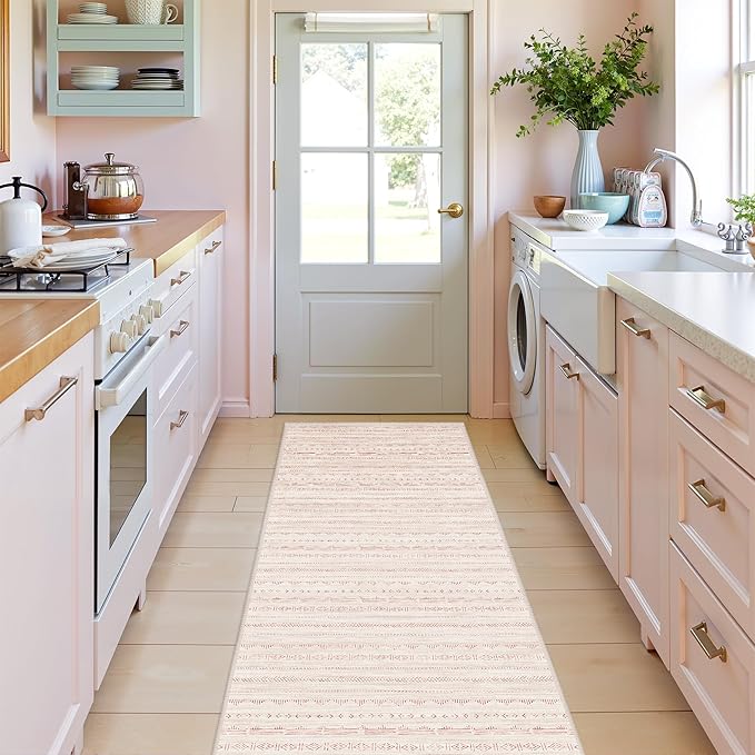 Pink 2'6''x8' Runner Rug for Entryway Indoor, Boho Kitchen Runner Rug Non Slip Washable Runner Rugs with Rubber Backing Soft Carpet Runner for Kitchen Laundry Bedroom