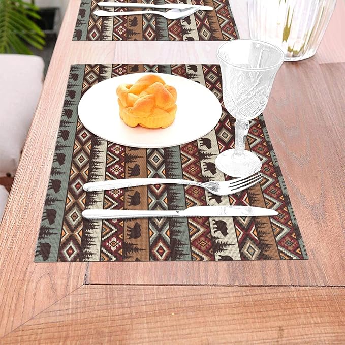 Vintage Rustic Placemats Bear Mountain Dining Table Mats Set of 4 Linen 12x18 Inch for Washable Holiday Party Dining Mat for Outdoor Farmhouse Home Kitchen Decor