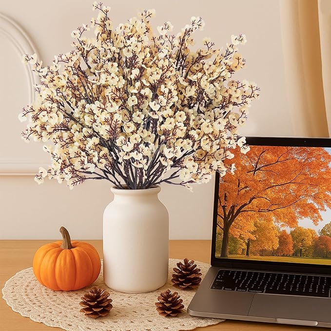Uieke 30 Pcs Artificial Flowers Baby Breath Faux Champagne Artificial Gypsophila Bouquet Fake Silk Flowers Real Touch for Home Office Kitchen Wedding Wall DIY Room Farmhouse Décor