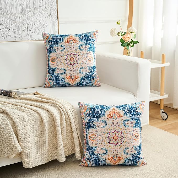 Boho Throw Pillow Covers 16x16 inch Set of 2,Boho Vintage Carpet Pattern Antique Ethnic Decor Double Sided Pattern Cushion Cover Soft Pillow Case Living Sofa Room Bed Square Pillow Cover