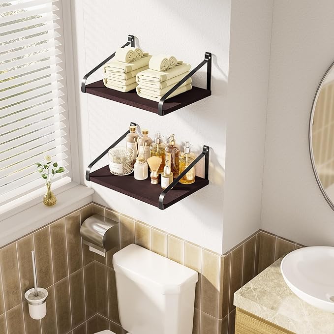 Love-KANKEI Floating Wall Shelves Mount Solid Wood with Enough Storage L16.5 x W12 inch for Kitchen Living Room Bathroom Bedroom Set of 2 Dark Walnut