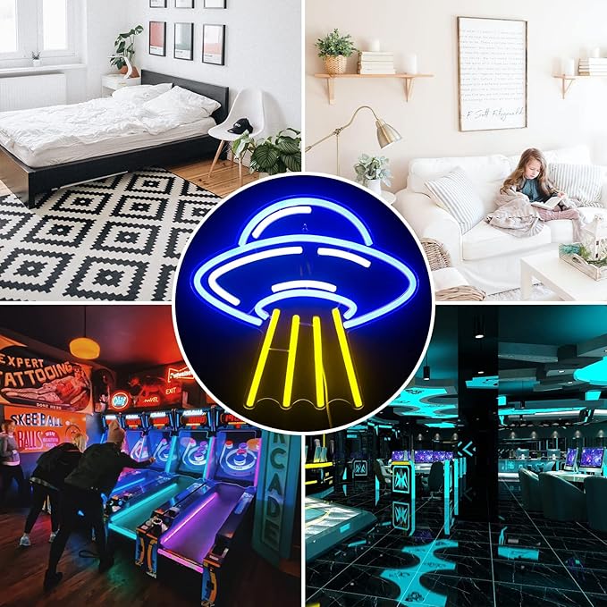 UFO Alien Spaceship LED Neon Light Signs Blue Yellow Neon Acrylic Wall Light Signs for Bedroom Kids Astronomy Lovers School Science Museum Decoration,Game Room, Aesthetic Room, Living Room Decor