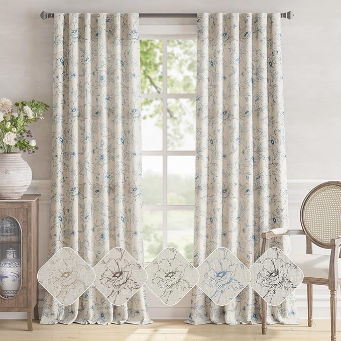 jinchan Floral Linen Curtains for Living Room 96 Inch Length Blue Flower Curtain Rod Pocket Back Tab Farmhouse Curtains with Printed Floral Bedroom Window Curtain Set, 2 Panels Blue