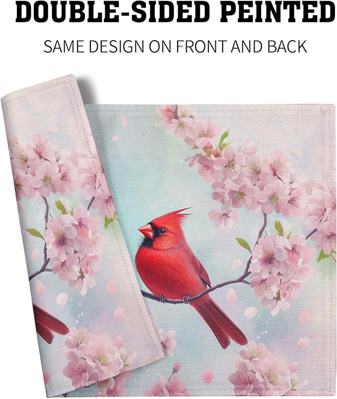 Giwawa Spring Birds Placemats Set of 4-12x18 Inch Red Bird Cherry Blossom Floral Place Mat- Stain Heat Resistant Linen Table Mats for Kitchen Dining Tabletop Seasonal Party Indoor Outdoor Decor