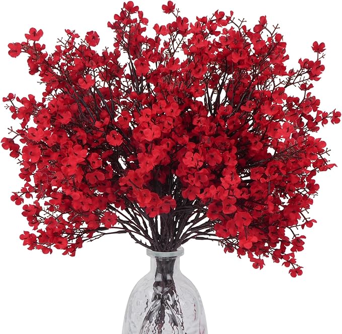 AILANDA 12 Bundles Babys Breath Artificial Flowers Red Real Touch Faux Gypsophila Bouquet Fake Silk Plants Decor for Home Wedding Bouquets Floral Arrangement Party Table Winter Ceterpieces Decorations