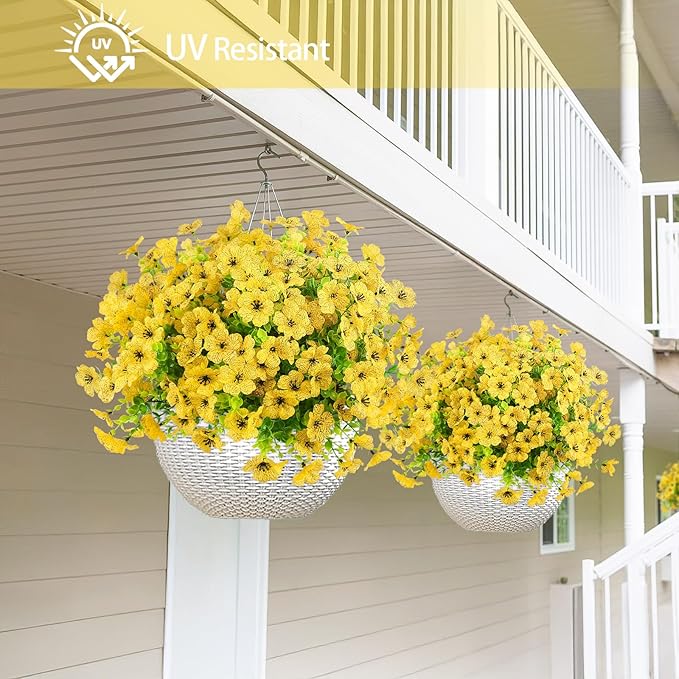 Artificial Flowers Outdoor Faux Plants UV Resistant 12 Bundles Fake Patio Flowers Plastic Greenery Plnats Outside Bulk for Spring Garden Hanging Planter Home Vase Decor, Yellow