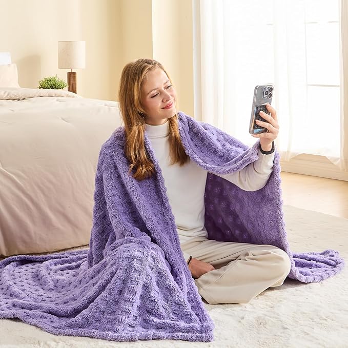 NEWCOSPLAY Super Soft King Blanket Lavender Premium Silky Flannel Fleece 3D Waffle Checkered Lightweight Bed Blanket All Season Use (Lavender, King(90"x110"))