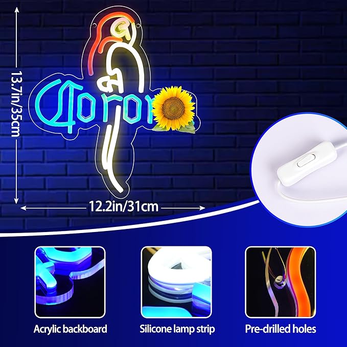Parrot Beer Neon Sign for Wall Decor Bar Neon Led Sign for Home Bar Man Cave Beer Light for Club Store Restaurant Party Pub Birthday Gift USB Powered Size12.2 * 13.7inch(ZYLD079)