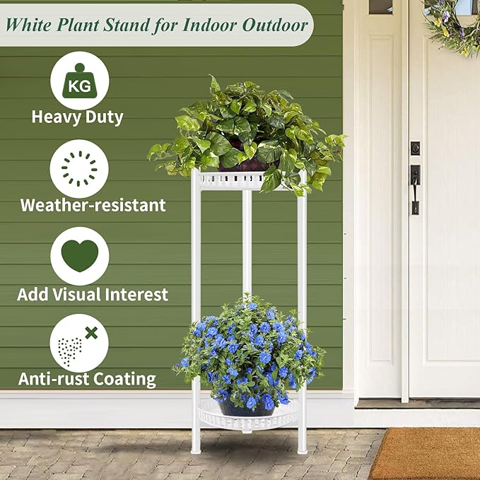 Plant Stand Indoor Outdoor, 30'' Tall Plant Stand, 2 Tier Metal Plant Shelf, Heavy Duty Display Rack White Flower Stands for Living Room, Corner, Deck