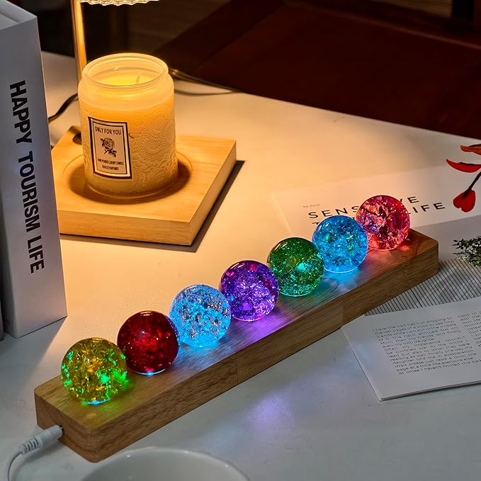 40mm 7 Colors Ice Cracked Glass Crystal Chakra Balls with LED Wooden Base Decorative Ornaments for Home Living Room, Night Sphere as Night Light Decoration and Healing Sphere
