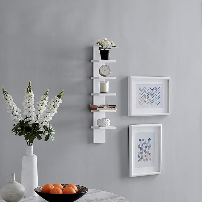 Danya B 5 Tier Wall Shelf Unit Narrow - Vertical Column Ladder Shelf, Floating Storage, Home Decor Organizer, Tall Tower Design, Utility Shelving, Bedroom, Living Room (White)