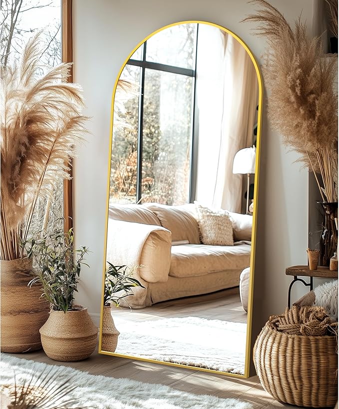 Delma Wall Mirror Full Length Mirror,Standing Mirror Full Body,Large Floor Mirror for Wall Door Bedroom Bathroom Living Room with Aluminium Frame(with Stand,Arch 75x35-Gold)