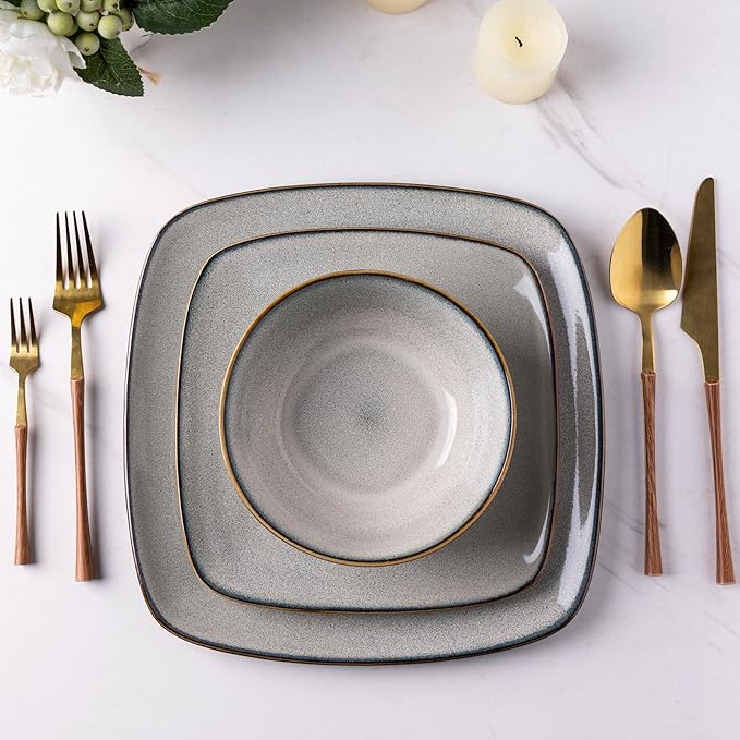 AmorArc Ceramic Dinnerware Sets for 4, 12 Pieces Square Handpainted Plates and Bowls Set, Chip and Scratch Resistant Stoneware Dishes Set, Dishwasher & Microwave Safe, Reactive Glaze