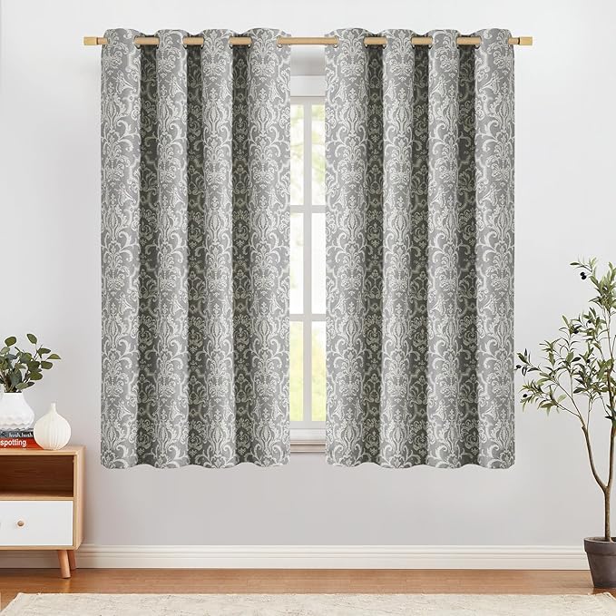jinchan Room Darkening Curtains for Bedroom Grey Damask Patterned Curtains 63 Inch Length for Living Room Linen Textured Vintage Drapes Medallion Window Treatments Grommet Top 2 Panels Set