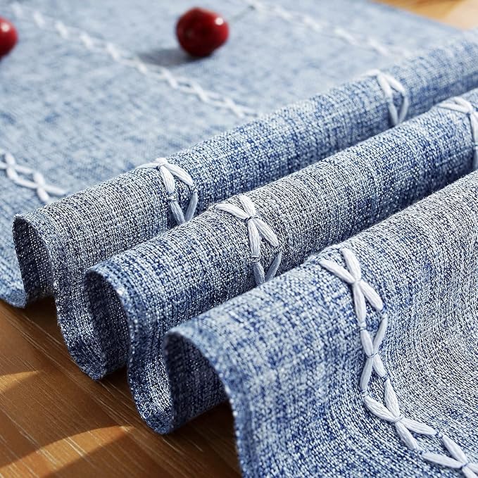 Chassic Rustic Farmhouse Style Linen Table Runner, Boho Handmade Tassel Embroidery Table Runners 72 Inches Long for Holiday Party, Dresser and Dining Decorations, 13 x 72 inch - Blue
