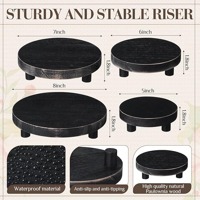 Geetery 4 Pcs Wooden Risers for Display Wood Pedestal Stand Mini Tray Stand Round Wooden Pedestal Holder Rustic Riser for Decor Tiered Tray Decor Home Kitchen, 4 Size(Black)