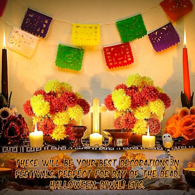 Kimura's Cabin 20Pcs Fake Silk Ball Flower Artificial Chrysanthemum Flowers Fake Mums Bouquets Wedding Arrangements Decor Festival Home Table DIY Decoration Center (Orange Yellow)