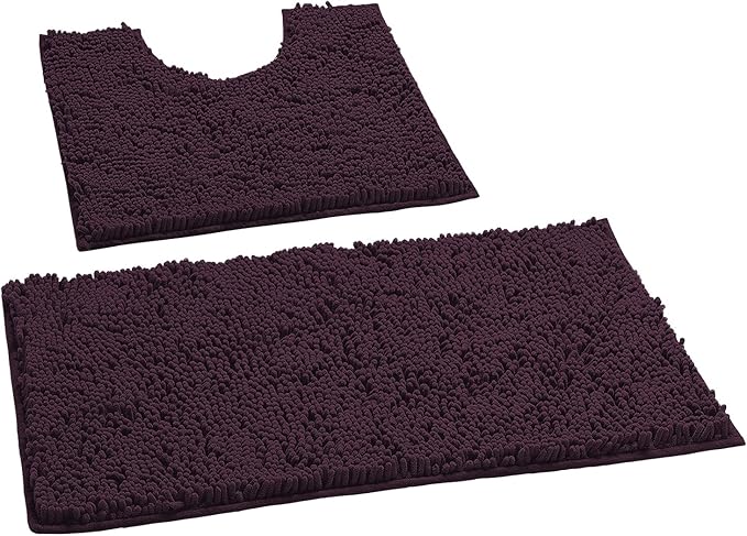 LuxUrux Bathroom Rugs Sets 2 Piece: Quick Dry, Soft Plush Anti-Slip, Super Absorbent. Includes Rectangular (31x20 inches) & U-Shaped Toilet Mat (20x20 inches) | Plum