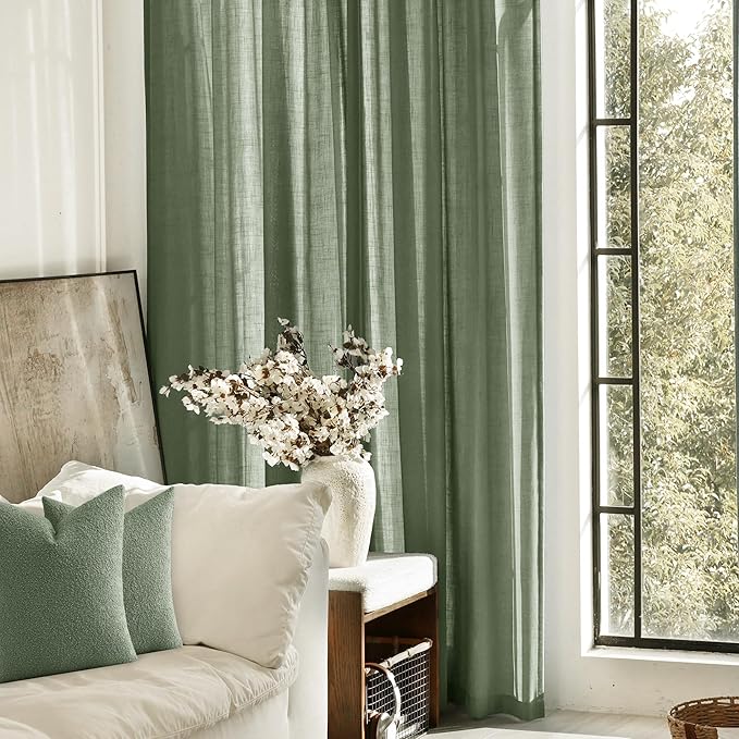 Olive Green Curtains 84 inch Length 2 Panels for Bedroom Back Tab Light Filtering Semi Sheer Drapes Linen Cotton Textured Airy Modern Farmhouse Living Room Sage Aesthetic Decor 52x84