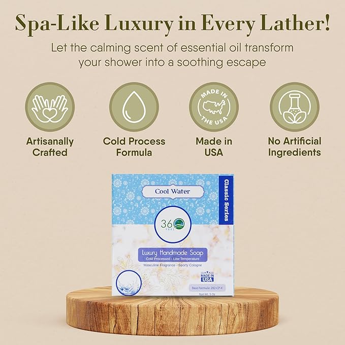 360Feel Cool Water Soap - Handcrafted Castile Natural Soap Bar with Soothing Scent - Handmade with Essential Oils - Ideal Gift for Anniversaries, Weddings and Holiday Stockings - Rich Lather - 5 Ounce