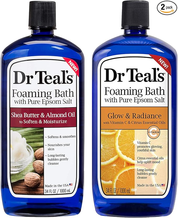 Dr Teal's Foaming Bath Combo Pack (68 fl oz Total), Moisturizing Shea Butter & Almond Oil, and Glow & Radiance with Vitamin C and Citrus Essential Oils