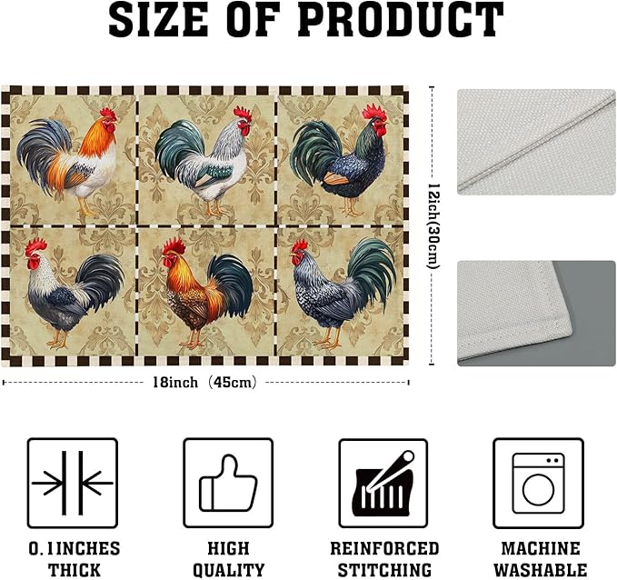 Rooster Placemats Set of 4-12 x 18 Inch Farm Animal Chicken Cotton Linen Table Mat Country Style Buffalo Plaid Decoration Washable Table Place Mats for Kitchen Dining Party