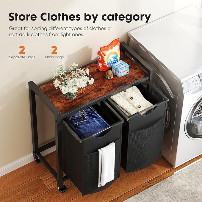 Sweetcrispy Laundry Hamper with 2 Pull-Out Removable Sorter Bags 2 × 13.1Gal (99L) Capacity, Movable Wheels, Freestanding Clothes Basket Organizer in Bathroom, Rustic Brown and Black