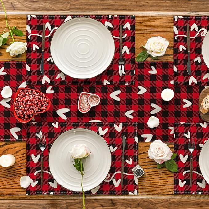 Artoid Mode Black Red Buffalo Plaid Love Valentine Placemats Set of 4, 12x18 Inch Seasonal Anniversary Holiday Table Mats for Party Kitchen Dining Decoration