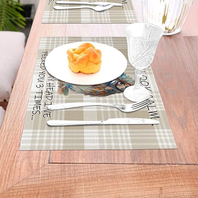 Funny Owl Placemats Set of 4, Cute Buffalo Plaid Table Mats, Heat Resistant Washable Linen Place Mats for Kitchen Dining Tables Farmhouse Decoration 12x18 Inch