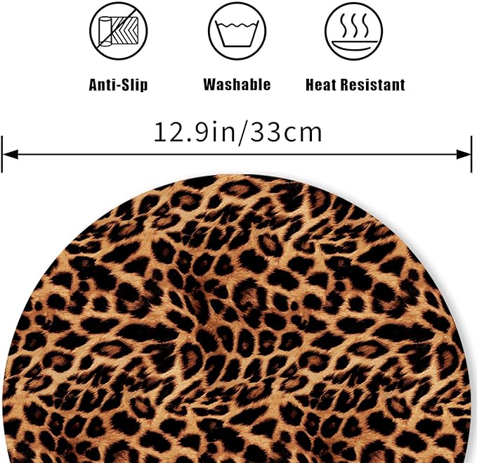 Round Leather Placemats Set of 4 PU Waterproof Non-Slip Washable Heat Resistant Place Mat for Kitchen Dining Table - Leopard