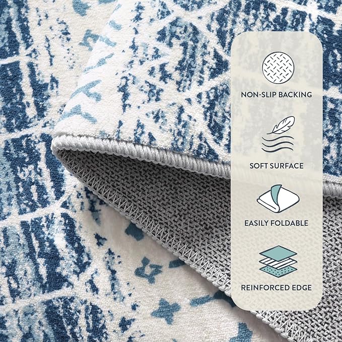 Lahome Moroccan Entryway Rugs Indoor - 2x3 Area Rug Blue Non-Slip Backing Washable Indoor Mats for Entryway Low-Profile Throw Soft Rugs for Bathroom, Geometric Print Door Rug for Kitchen Bedside
