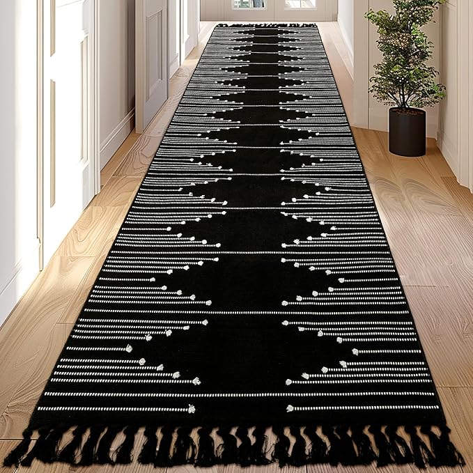 Tritard Boho Hallway Runner Rug 2x12 - Washable Area Rug Farmhouse Aztec Cotton Long Thin Rugs with Tassels Kitchen Bathroom Lightweight Woven Low Pile Carpet for Entryway, Bedroom, Black and White