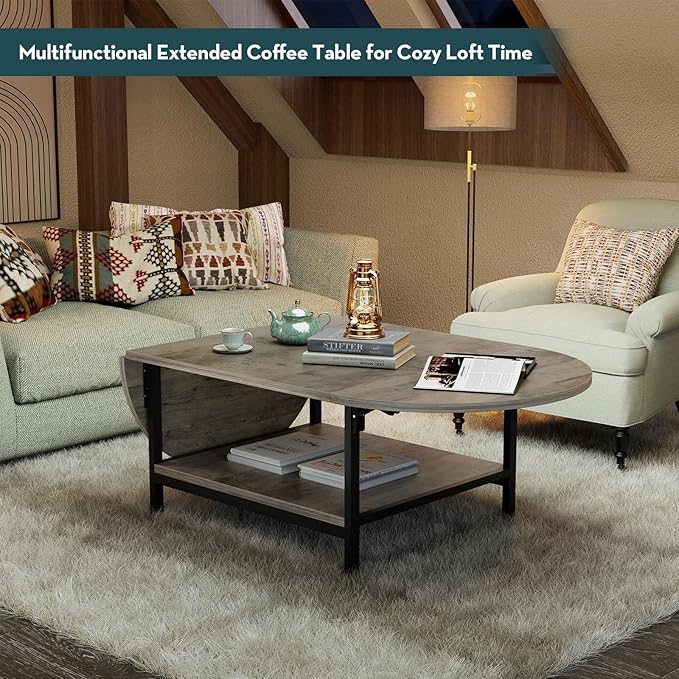 SAYGOER Coffee Tables for Living Room 2-Tier Extended Coffee Table with Storage Vintage Farmhouse Center Table for Large or Small Spaces, Foldable, Gray Wash