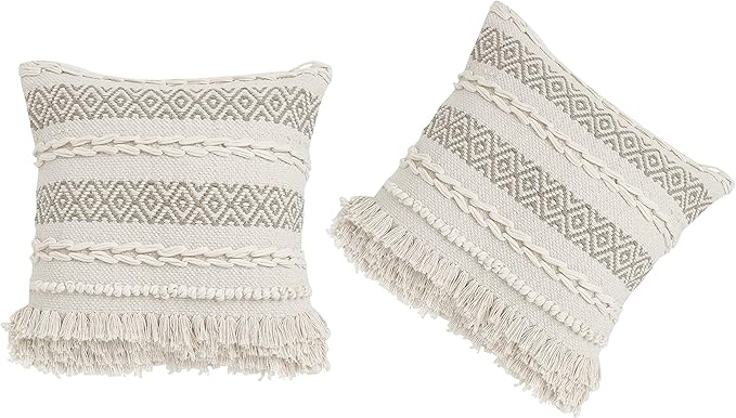 REDEARTH · Boho Textured Throw Pillow Cushion Covers - Woven Tufted Decorative Farmhouse Cases Set for Couch - Sofa - Farmhouse - Chair - Dining - Patio - 100% Cotton (18x18 ; Natural) Pack of 2