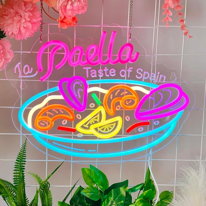 Paella Neon Sign, Neon Lights Hanging Wall Art Decoration for Restaturant Shop Store Bar Market Deli Café Celebration Party Home Decor, USB Powered Ultra Bright Dimmable,15.75 * 11.8inches