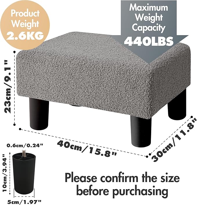 BRIAN & DANY Small Foot Stool Ottoman, Footstool with Legs, Teddy Velvet Foot Rest for Living Room, Bedroom and Office, Grey