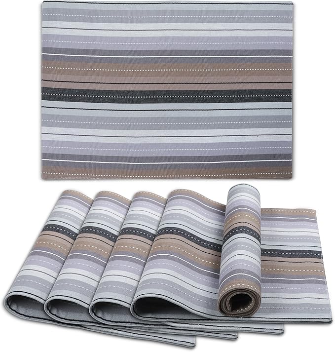 Urban Villa Christmas Placemats Grey Multi Stripes 100% Cotton Fused Tablemats for Dining Size 14''x20'' Set of 6 Placemats for Christmas Celebrations Wedding Parties Every Day Use Heavier Quality