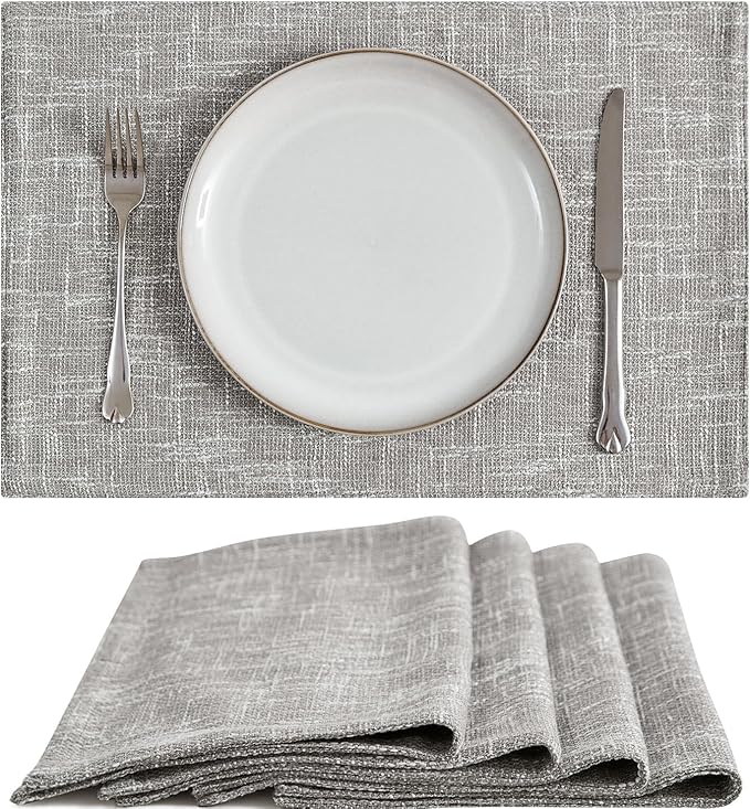 JINCHAN Burlap Textured Placemats Set of Four Farmhouse Cloth Place Mats Gray Table Mats Sturdy Fabric Placemats for Kitchen Dining Table Double Layer Heat Resistant Tablemats 13 x 19 Inch Grey