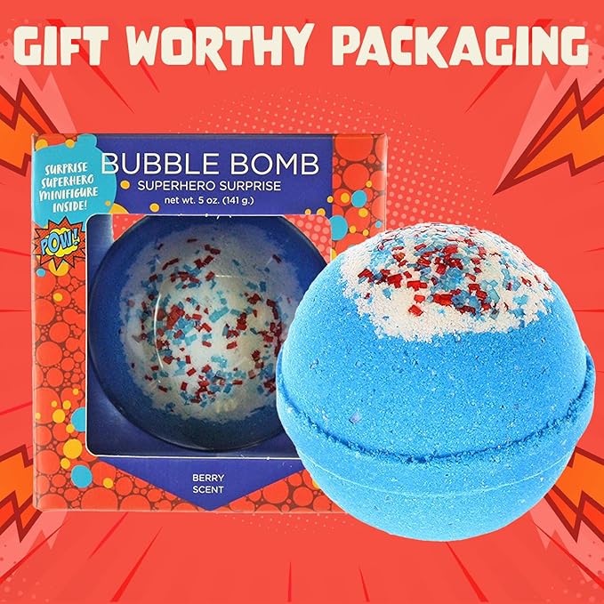 Superhero Bath Bombs for Kids & Boys with Surprise Hero Toys Inside (1 Pack) - Large Bubble Bomb for Boys & Girls - Fruity Scent, Relaxing, Gift for Children, Made in USA by Two Sisters