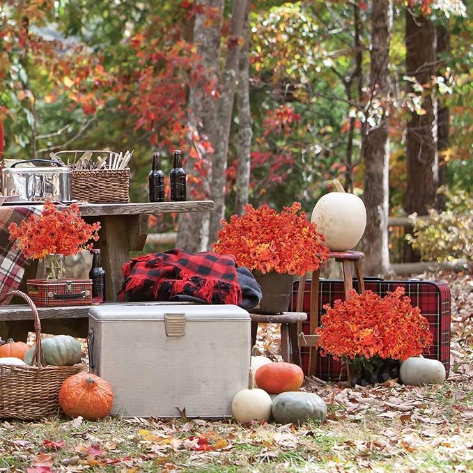 12 Bundles Artificial Fall Flowers Outdoor UV Resistant Fake Mums Bulk Outdoor Faux Mums Plants Plastic Flower Decorations for Home Garden Porch Hanging Planter Vase Autumn Decor Outside, Orange