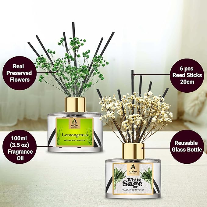 The Aroma Factory Fragrance Reed Diffuser Set with Natural Essential Oil, Aroma Sticks & Real Preserved Flowers | Luxury Home Decor Scent (Lemongrass & White Sage, 2 Pack)