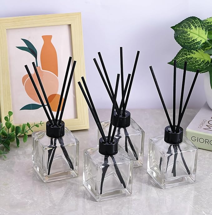 frangrance Glass Diffuser Bottles Diffuser Jars with Black Color caps and Reed Sticks Set of 4 pcs 150ml Fragrance Accessories use for DIY Replacement Reed Diffuser Sets