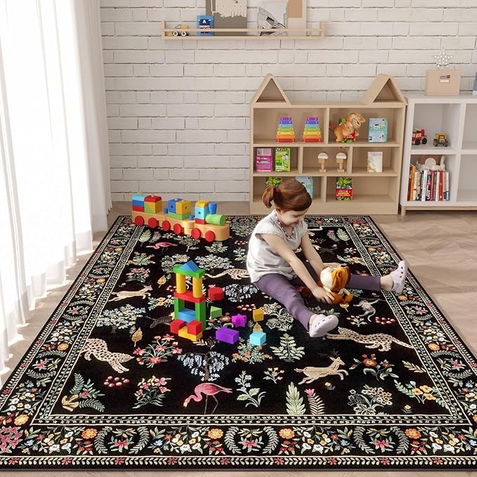 Living Room Rug 6x9 Rug Machine Washable Boho Area Rug Non Slip Floral Animal Vintage Low Pile Large Rug for Living Room, Bedroom, Farmhouse, Dining Room, Kids Playroom (Black)