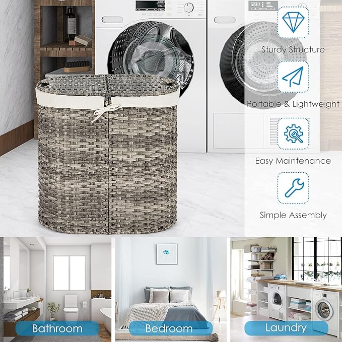 MAT EXPERT Rattan Laundry Hampers, Laundry Baskets with 2 Detachable Canvas Bags, Divided Laundry Hamper with Lids & Handles, Handwoven Oval Landry Bin, Clothes Hamper for Laundry Room/Bedroom (Grey)
