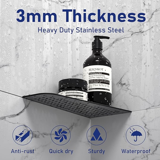 Corner Shower Shelf 12" Matte Black 304 Stainless Steel Quadrilateral Corner Shelf Heavy Duty Recessed Bathroom Black Shelf No Drilling Needed