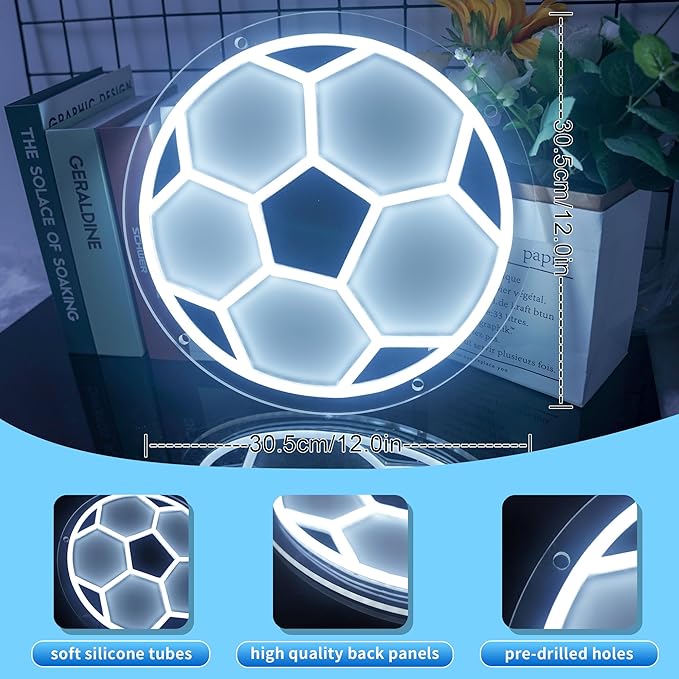 YSMNDE Soccer Neon Sign, Powered by USB Football Neon Sign for Wall Decor, Dimmable Soccer Shape LED Light for Boys Room, Birthday Party, Home Decor, College Gifts, 12'' X 12''