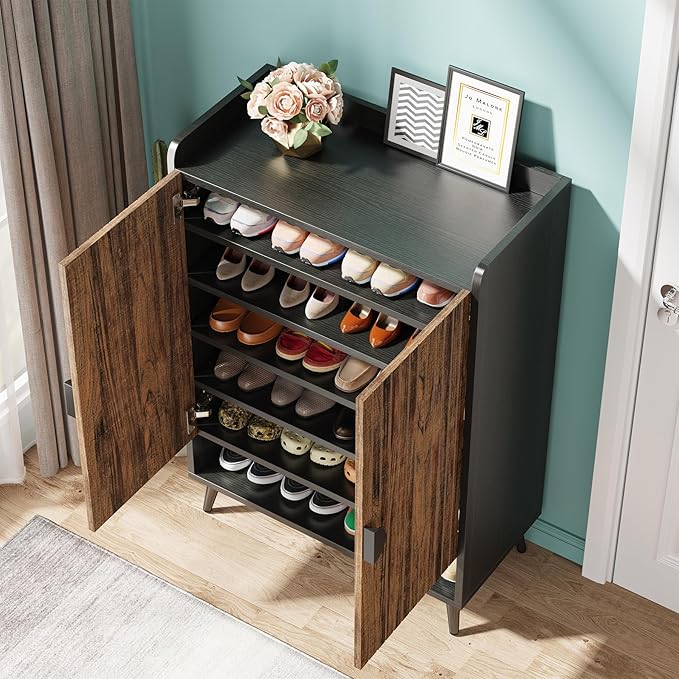 Tribesigns Shoe Cabinet with Doors, 7-Tier Shoe Storage Cabinet with Adjustable Shelves, Wooden Shoes Rack Shoe Storage Organizer for Entryway, Hallway, Closet, Living Room, Rustic Brown