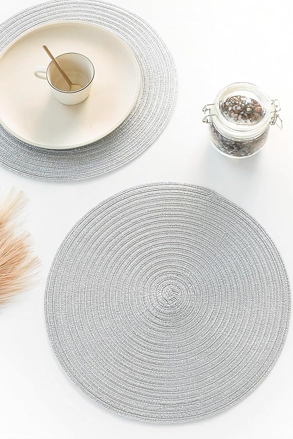 Floroom 15 Inch Round Braided Placemats Set of 6, Washable Heat Resistant Cotton Polyester Circle Place Mats for Kitchen Dining Table - Shimmer Silver