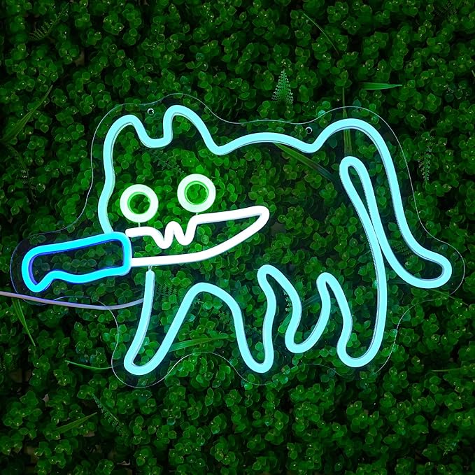 Cat Neon Sign for Wall Decor, Knife Cat Neon Light,Blue Cautiously Cat LED Neon Light for Bedroom Zoo Cat Cafe Cat House Store Home Men Cave Home Bar Decoration(16.9"*12.4")